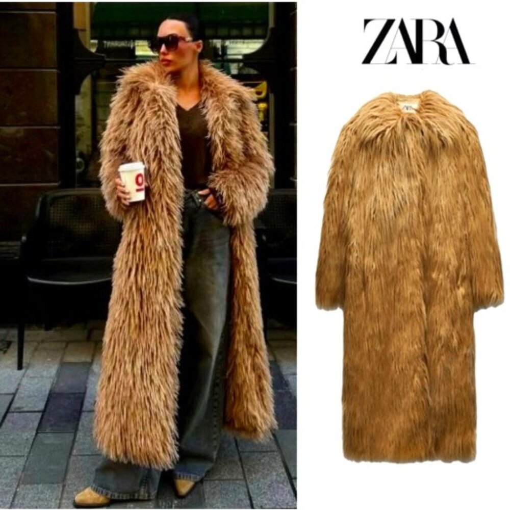 💥SHOWSTOPPER!💥 LAXURIOUS ZARA LIMITED EDITION MAXI FAUX GOAT FUR COAT in BEIGE